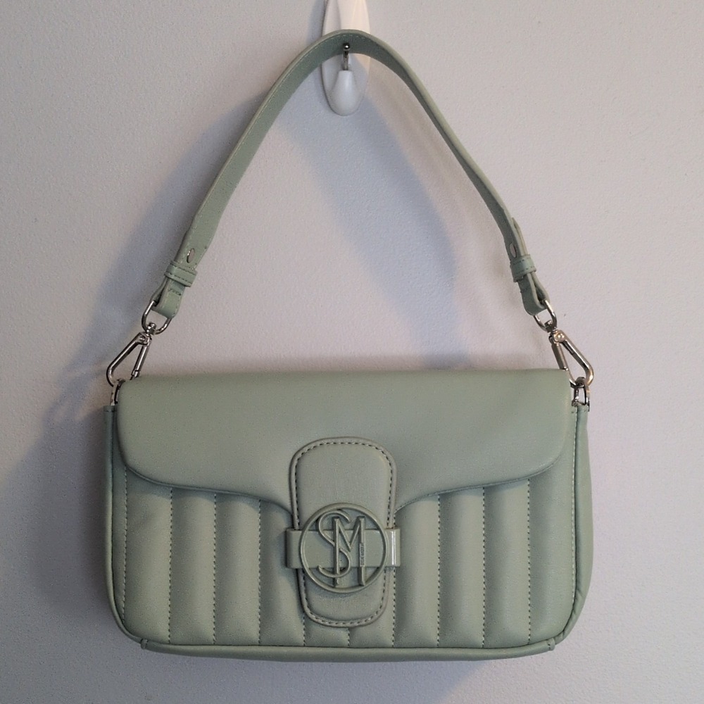 Steve Madden Light Green Quilted Shoulder Bag with Detachable Strap & Silver Ha…